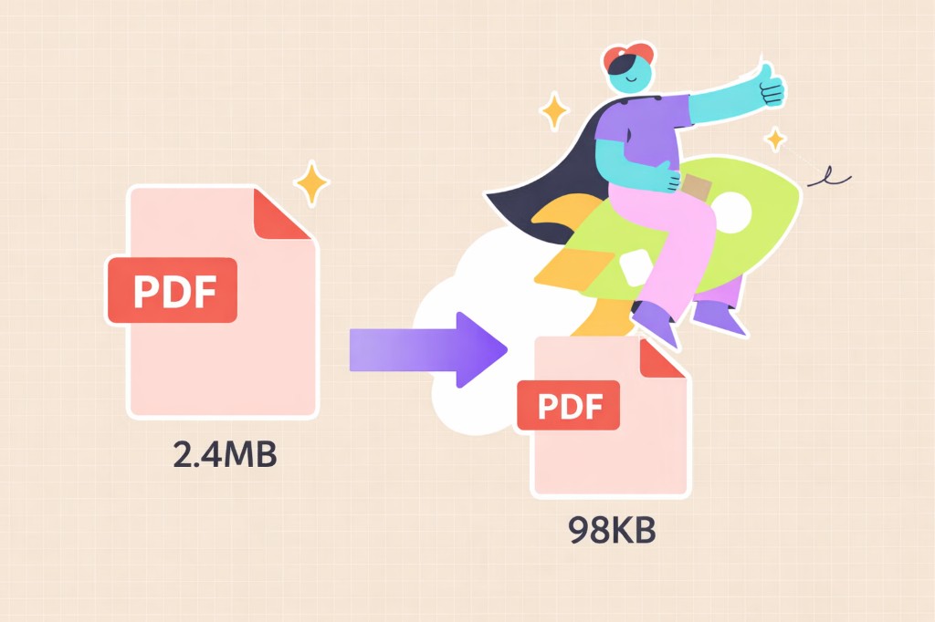 Illustration of a large PDF shrinking to a small file under 100KB